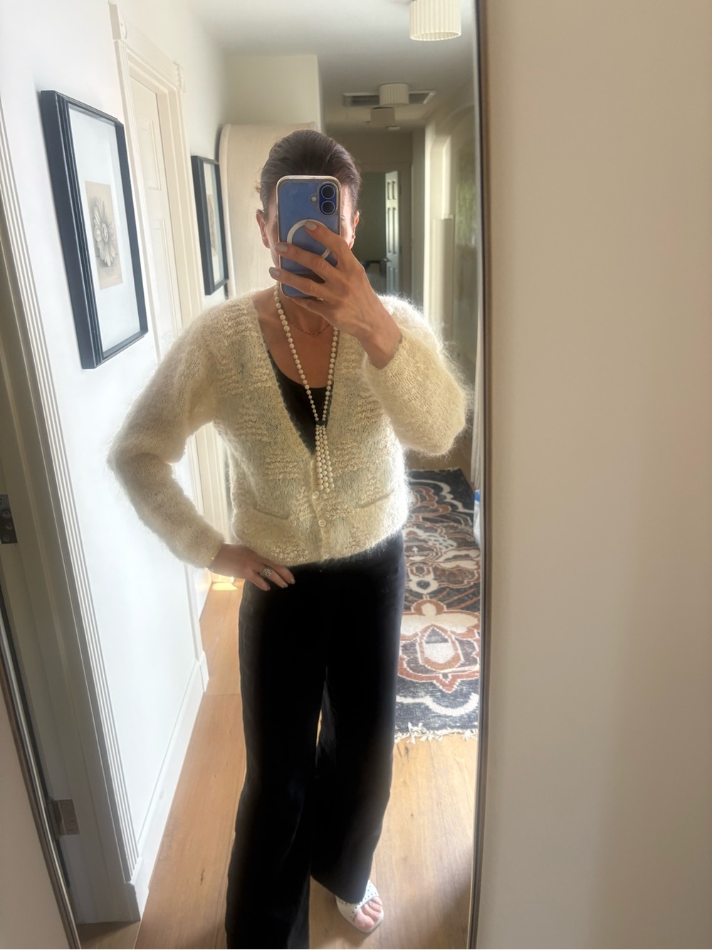 VTG Lauren Hansen Hand Knitted Mohair Wool Cardigan Cream Fuzzy Sweater M - Picture 4 of 15
